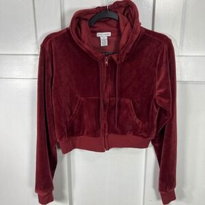 Better Together Velour Zip Up Hoodie Burgundy Cropped Casual Athleisure Womens M
